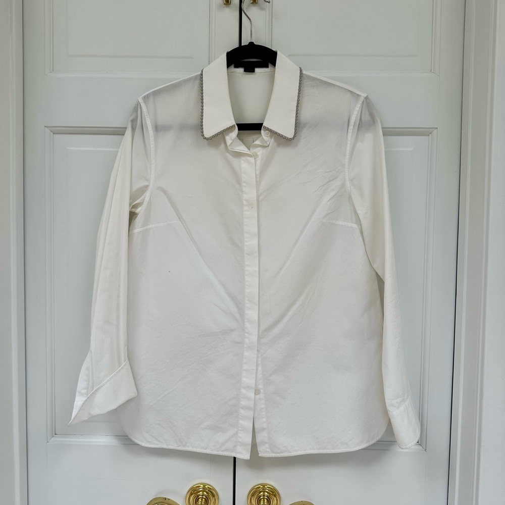 Alexander Wang White Long Sleeve Button-Up Shirt with Metal Beaded Collar